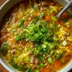 Bowl of One-Pot Egg Roll Soup with green onions and ginger garnished on top