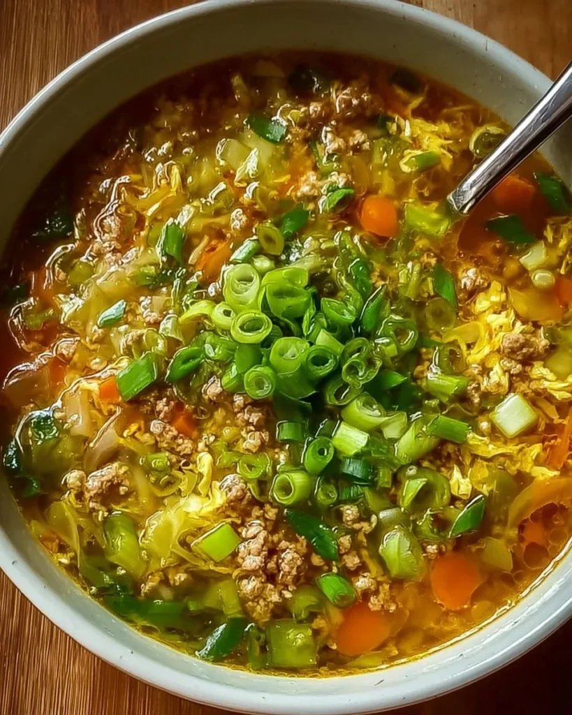 Bowl of One-Pot Egg Roll Soup with green onions and ginger garnished on top