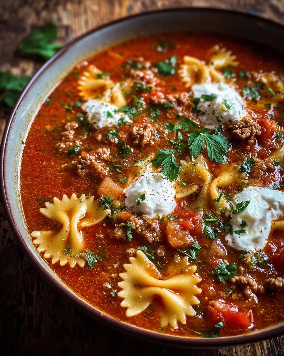 Bowl of One-Pot Lasagna Soup topped with cheese and herbs