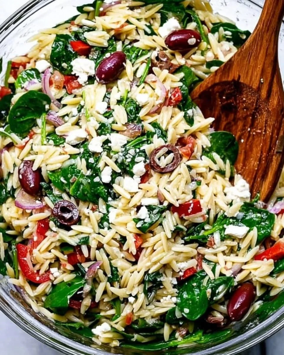 Colorful orzo salad with feta cheese and fresh spinach served in a bowl