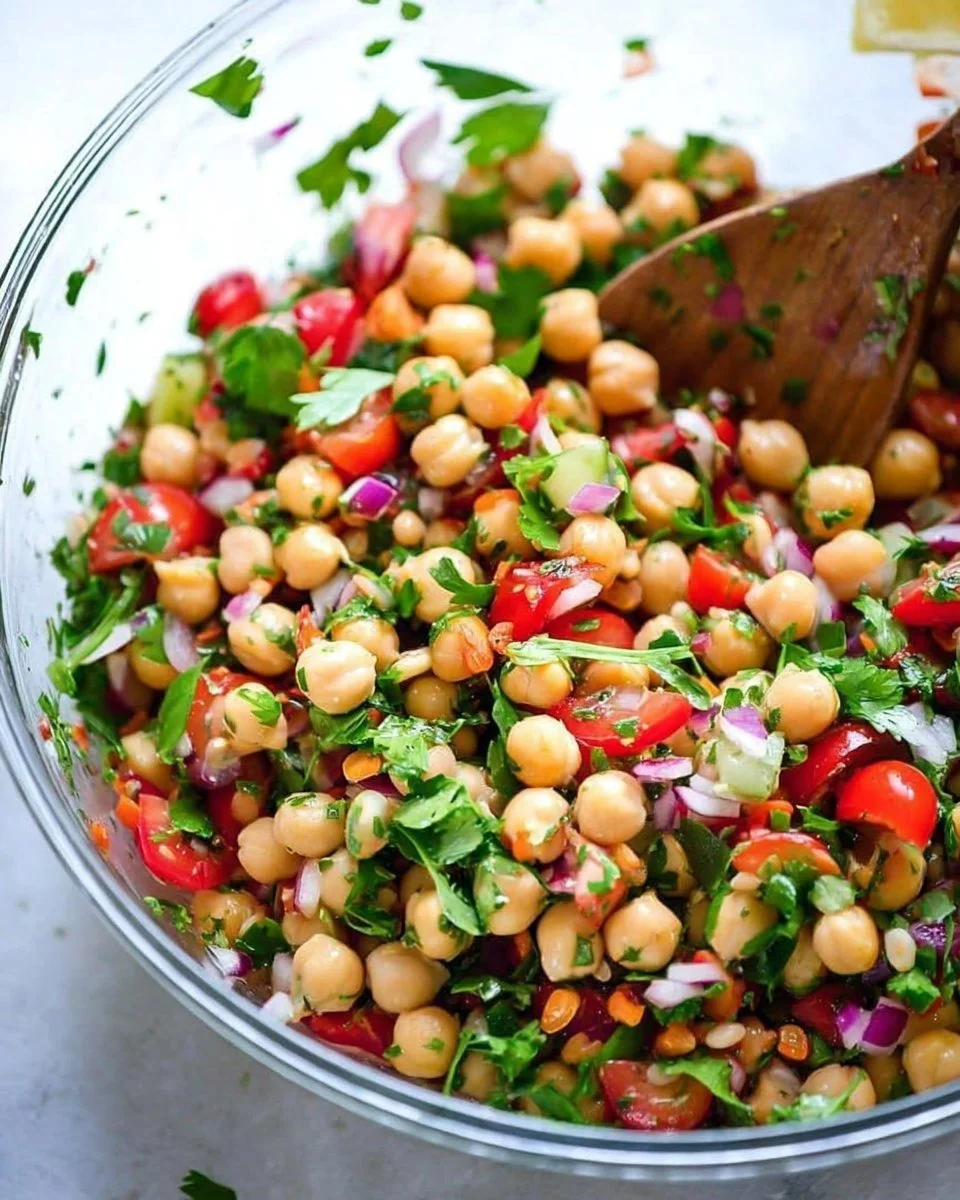 Fresh Mediterranean Chickpea Salad with herbs, vegetables, and dressing