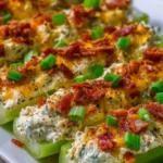 Deliciously stuffed celery with creamy filling and garnishes on a platter