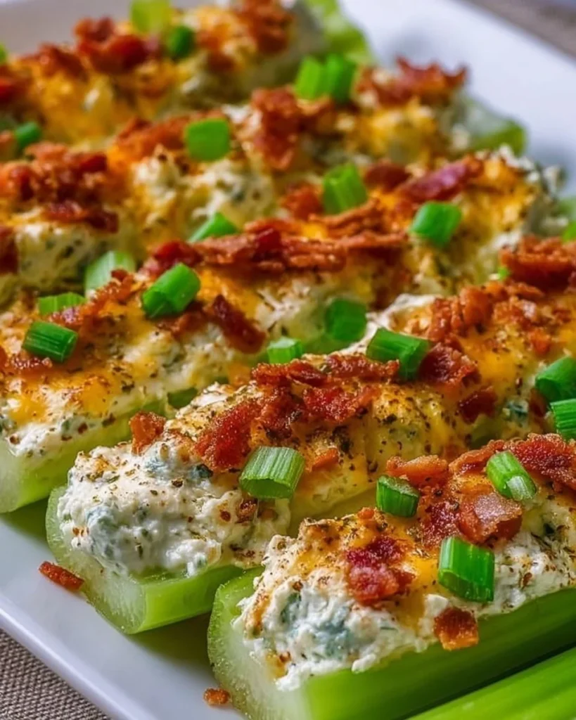 Deliciously stuffed celery with creamy filling and garnishes on a platter