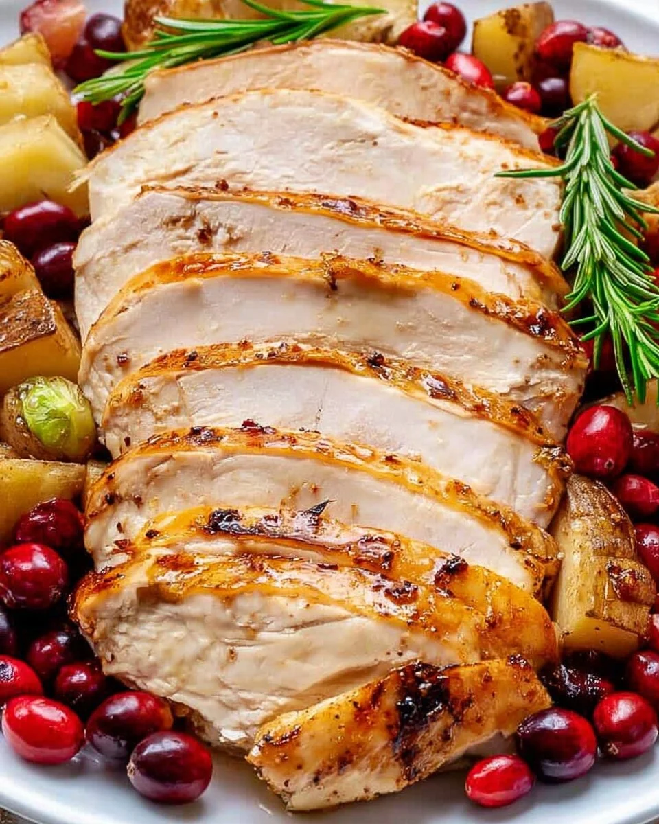 Oven roasted turkey breast served on a platter with herbs and sides