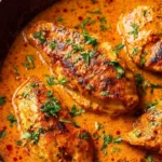 Delicious paprika chicken dish served with vegetables and herbs.