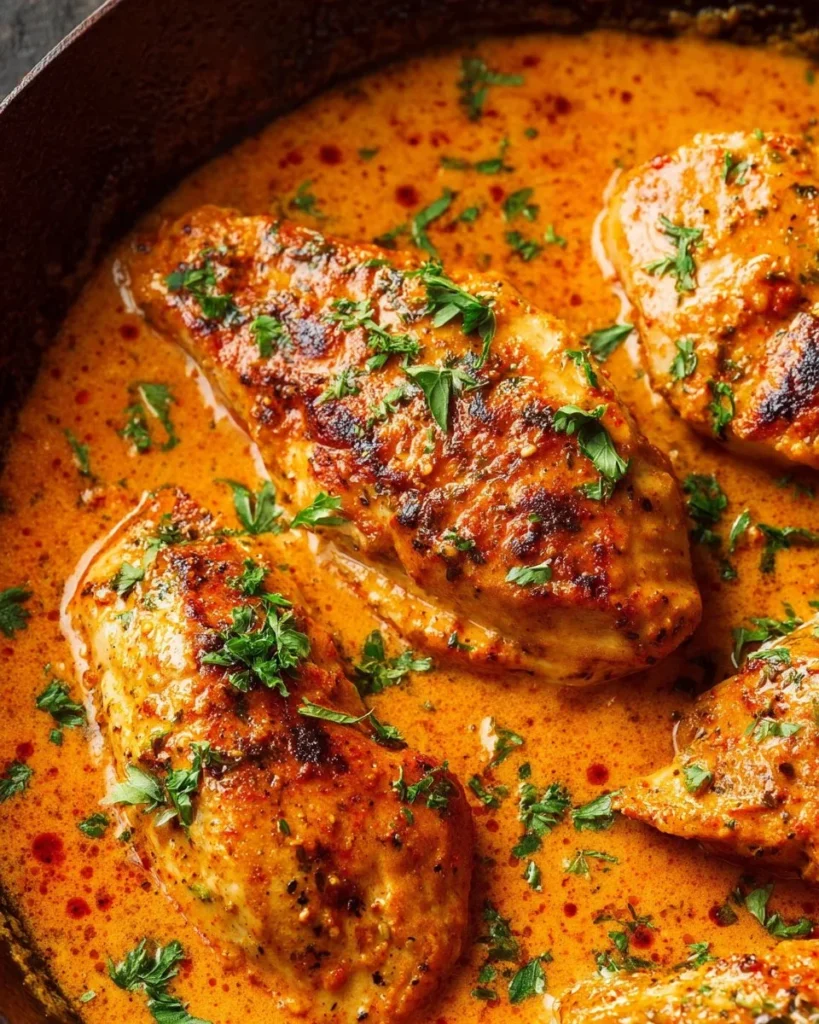 Delicious paprika chicken dish served with vegetables and herbs.