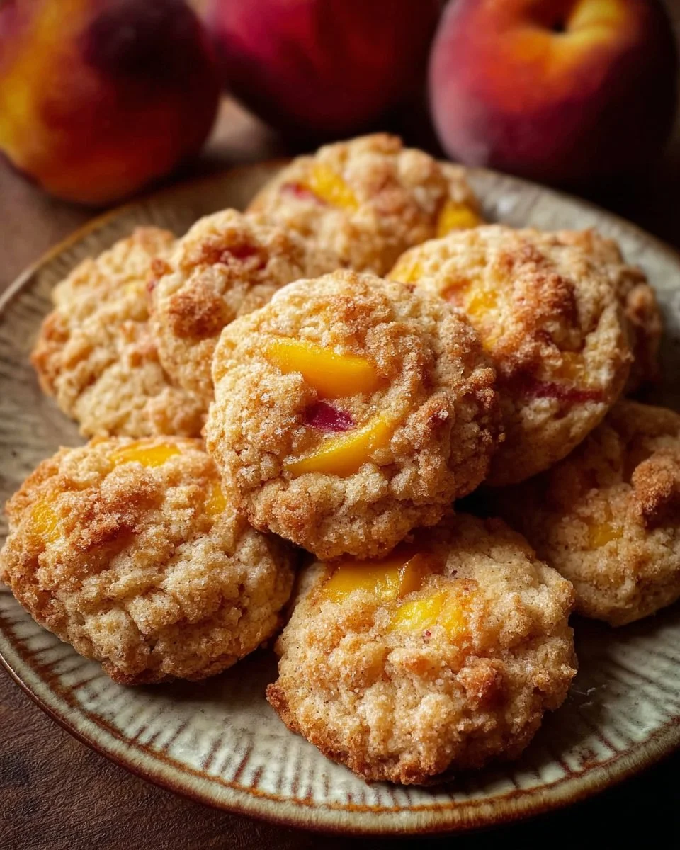 Homemade peach cobbler cookies on a plate with fresh peaches