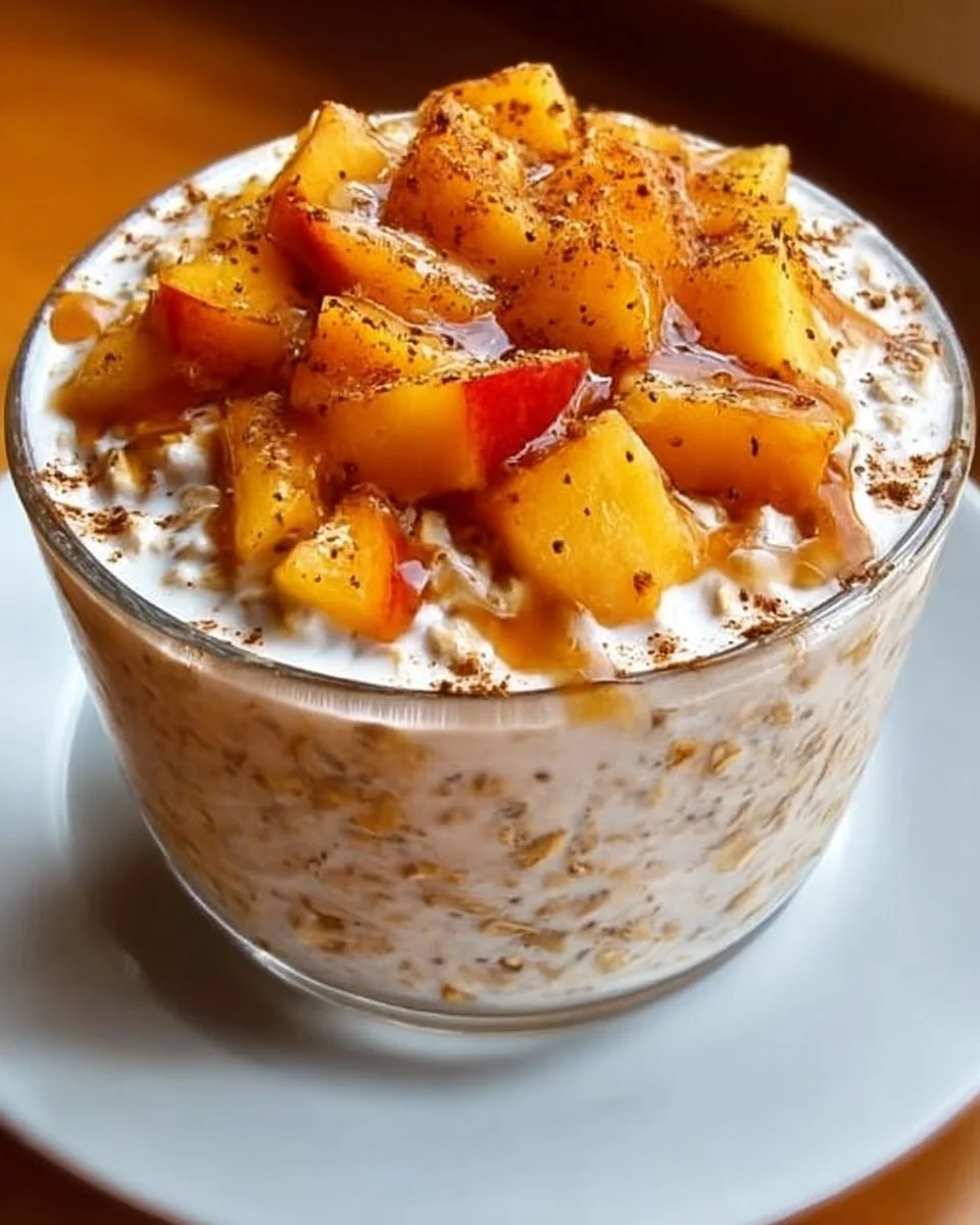 Delicious Peach Cobbler Oats topped with fresh peaches and cinnamon
