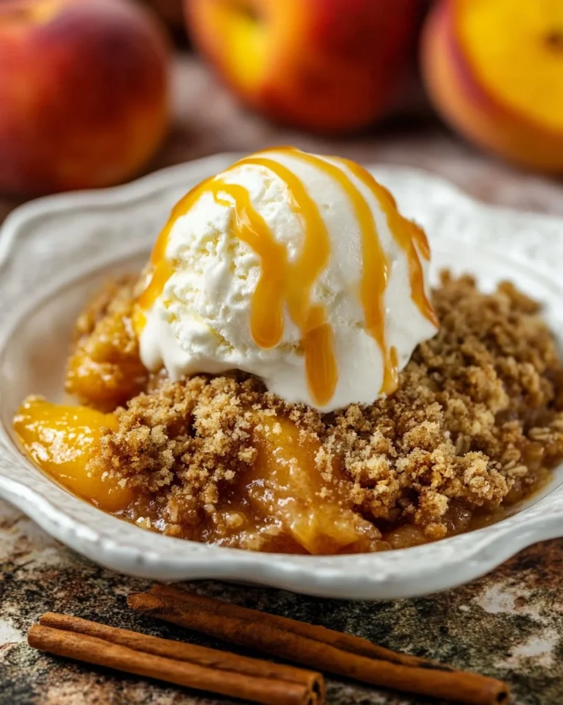 Delicious heart-healthy peach crisp dessert served in a bowl