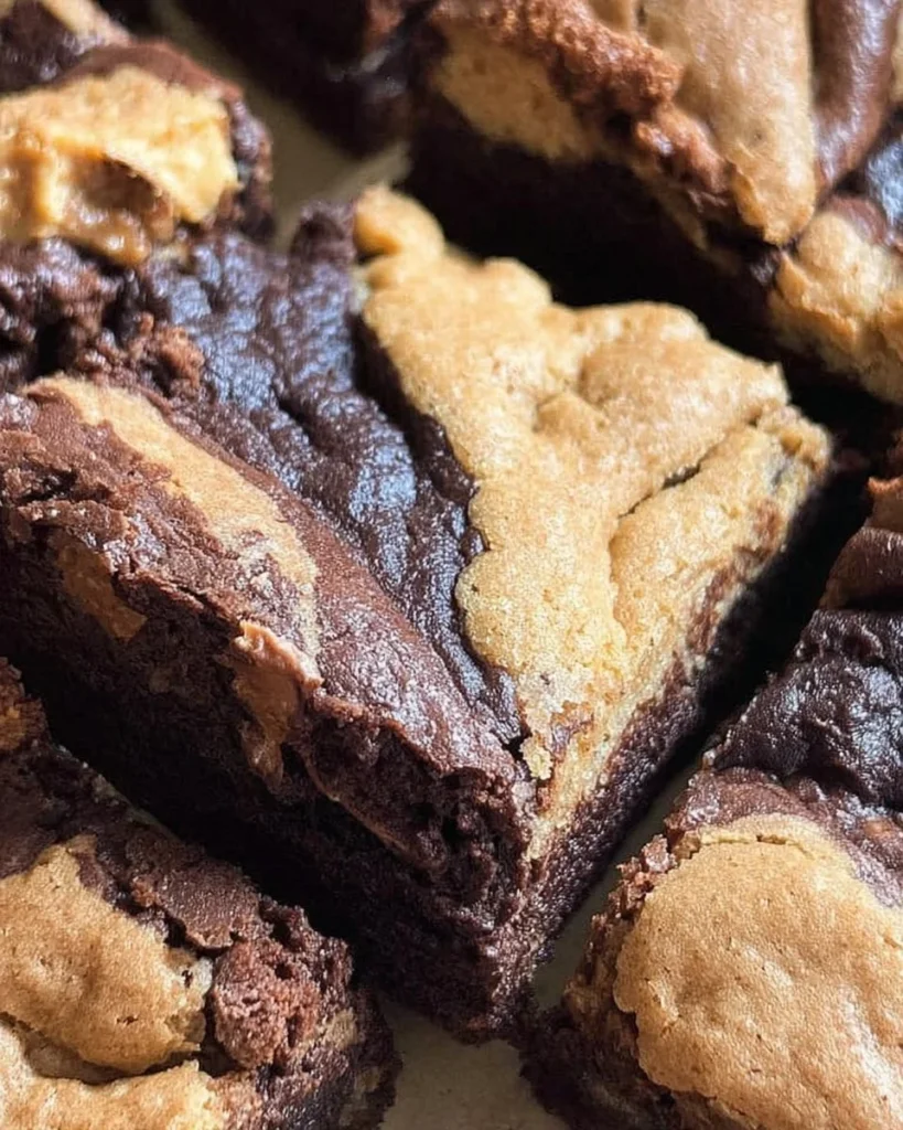 Delicious Peanut Butter Brookies served on a plate with chocolate drizzle