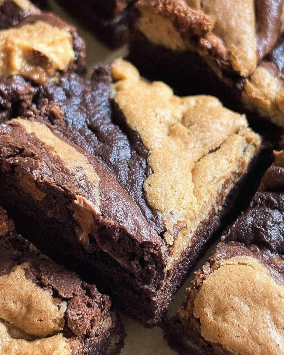 Delicious Peanut Butter Brookies served on a plate with chocolate drizzle