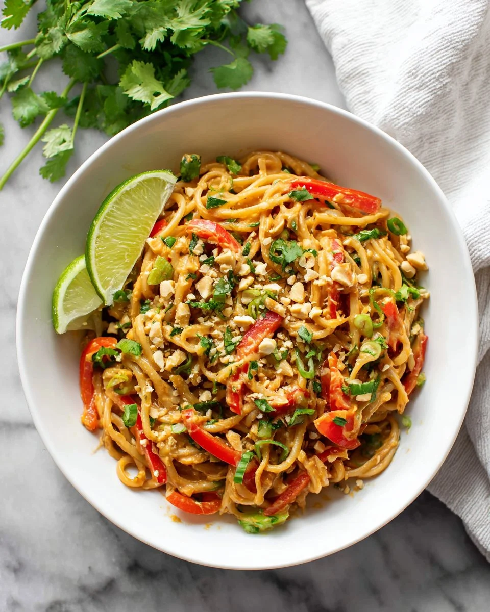 Delicious peanut butter noodles garnished with green onions and peanuts.