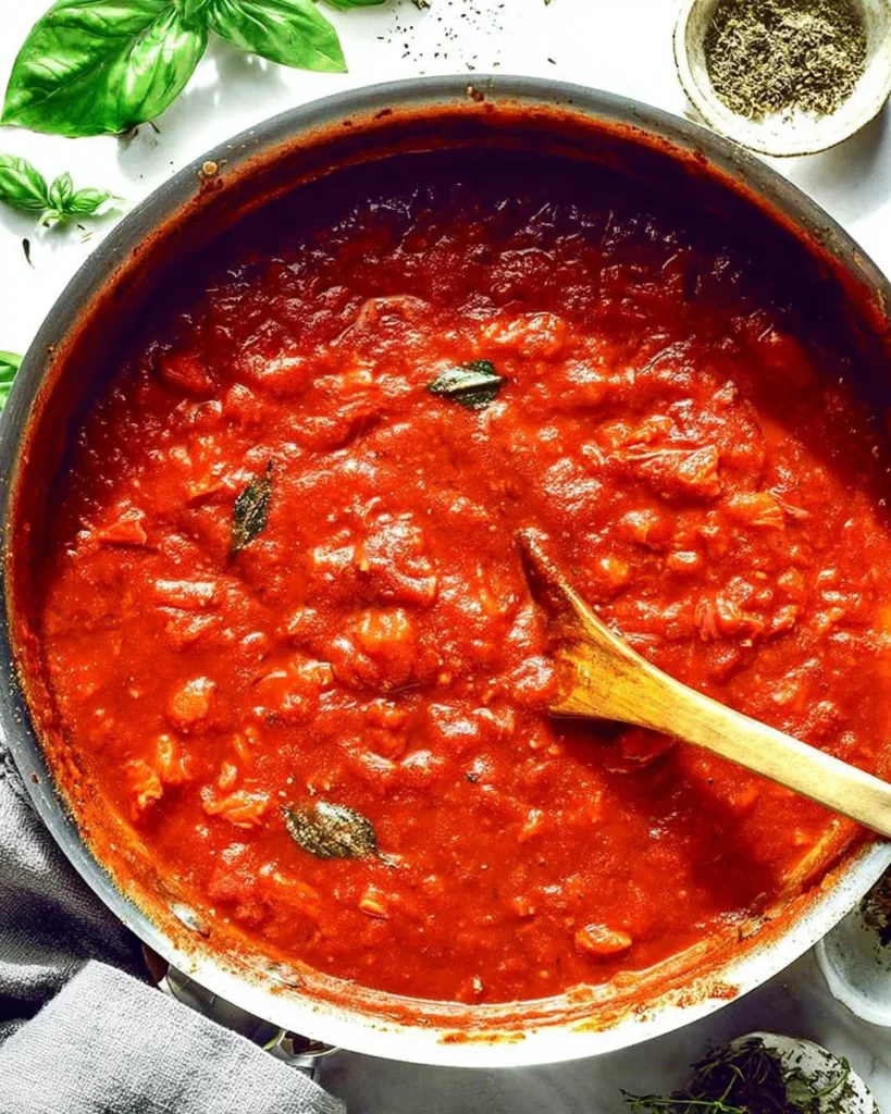 Delicious penne pasta with marinara sauce garnished with fresh basil