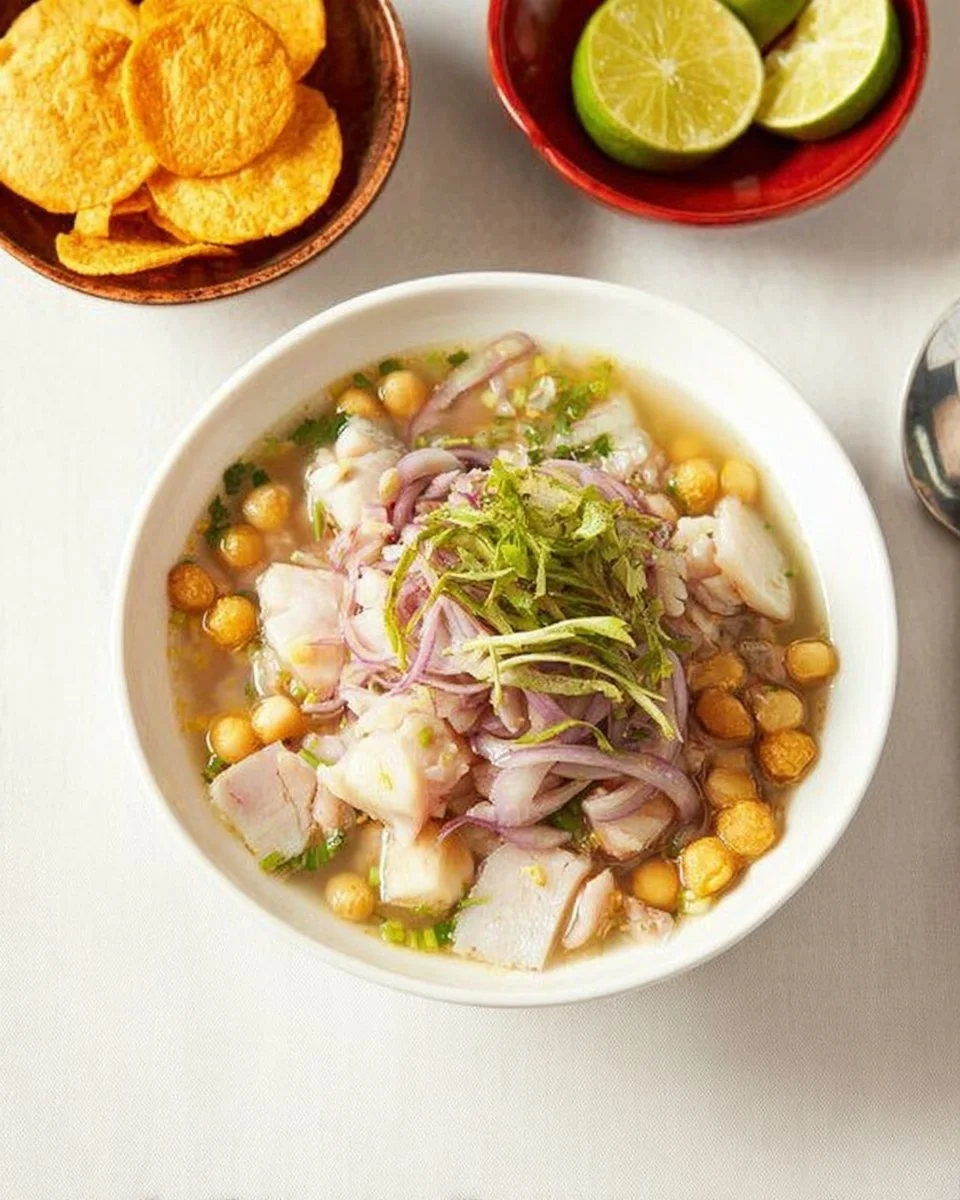 Delicious Peruvian Ceviche garnished with fresh cilantro and lime.