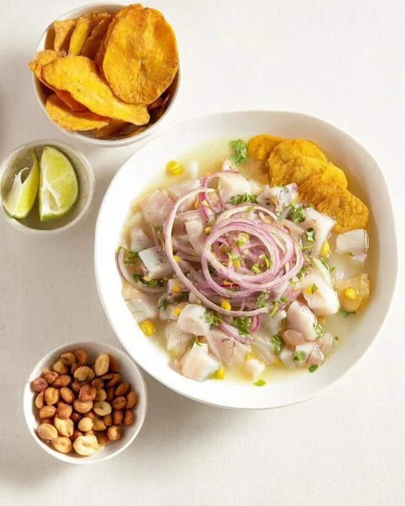 Fresh Peruvian Ceviche garnished with lime, cilantro, and chili pepper.