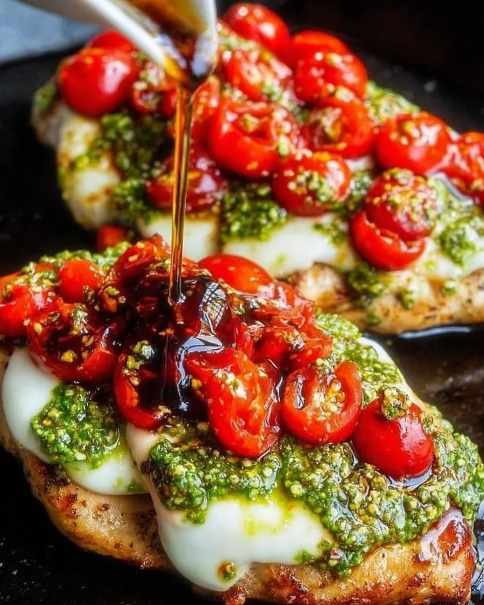 Delicious Pesto Bruschetta Chicken served with fresh ingredients on a plate