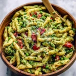 Delicious pesto pasta salad served in a bowl with fresh vegetables and herbs.