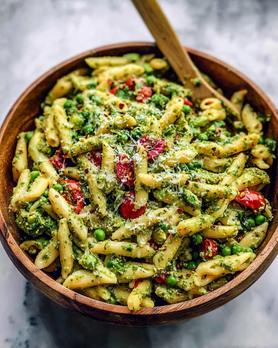 Delicious pesto pasta salad served in a bowl with fresh vegetables and herbs.