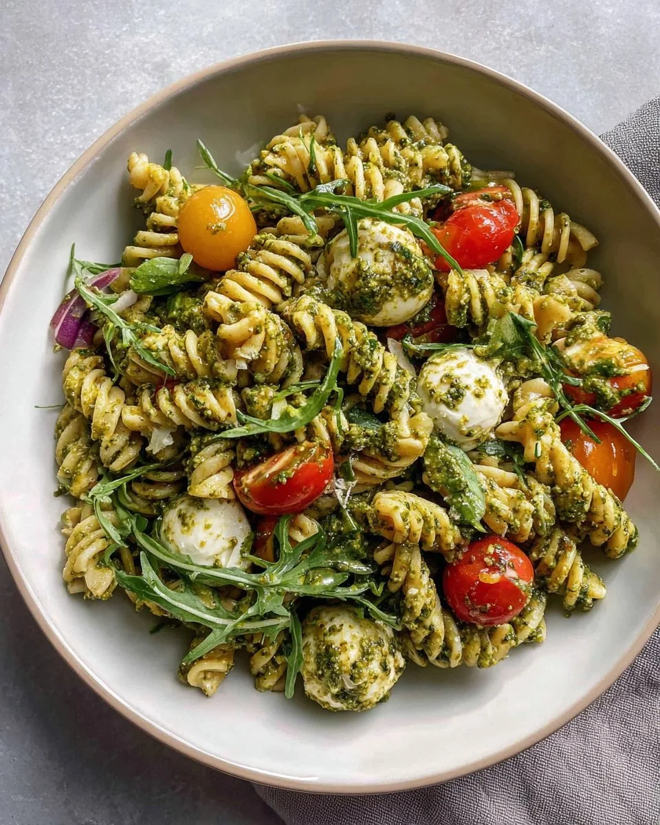 Bowl of vibrant pesto pasta salad rich in protein for nutritious family meals