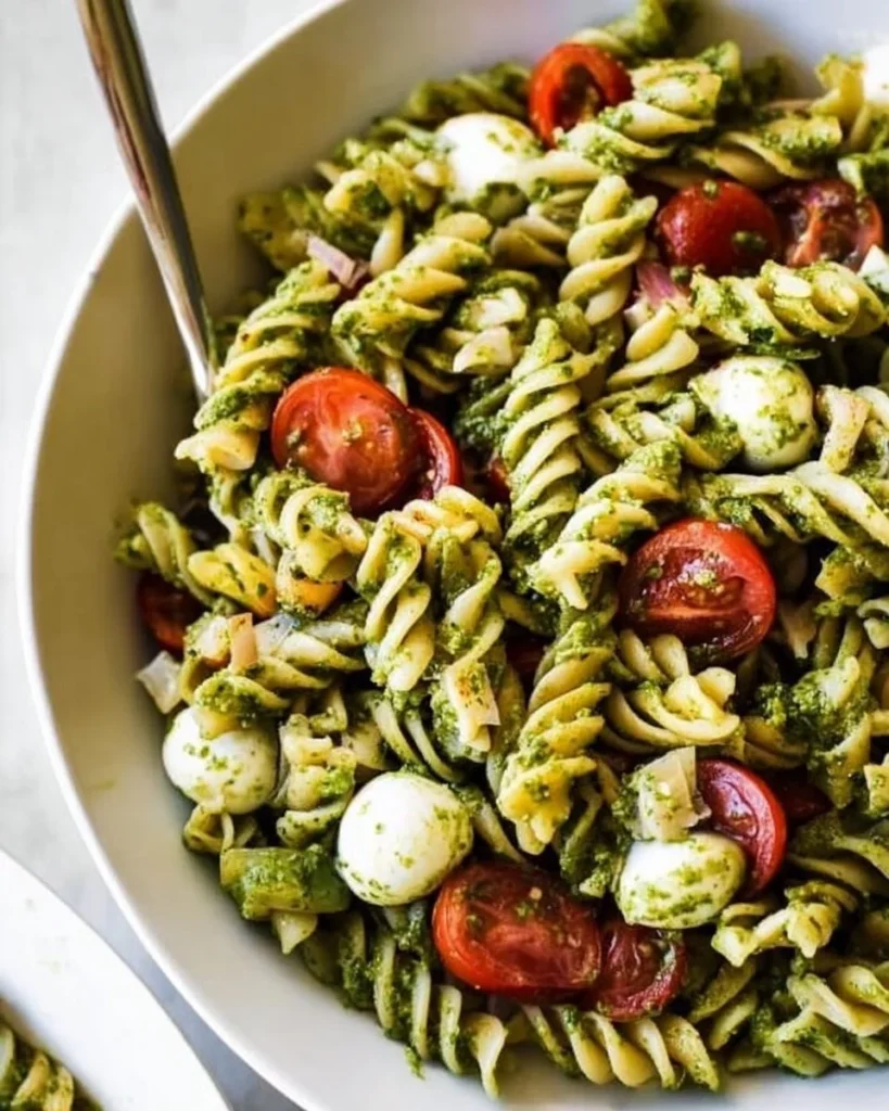 Pesto pasta salad garnished with fresh vegetables in a bowl