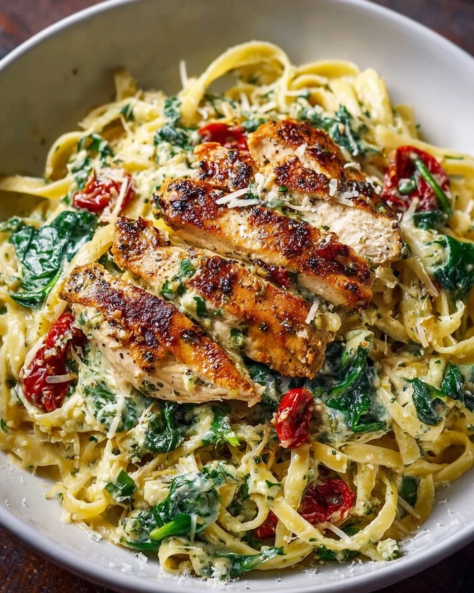 Plate of pesto pasta topped with grilled chicken and fresh basil