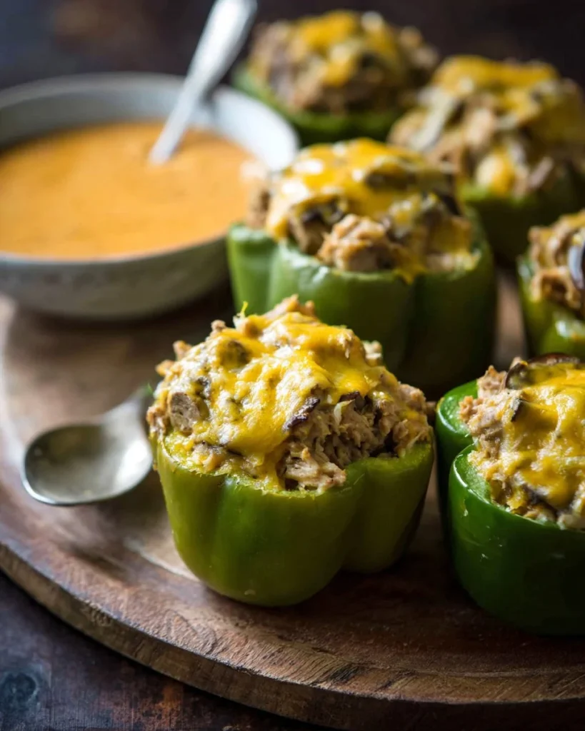Philly cheesesteak stuffed peppers topped with melted cheese and herbs
