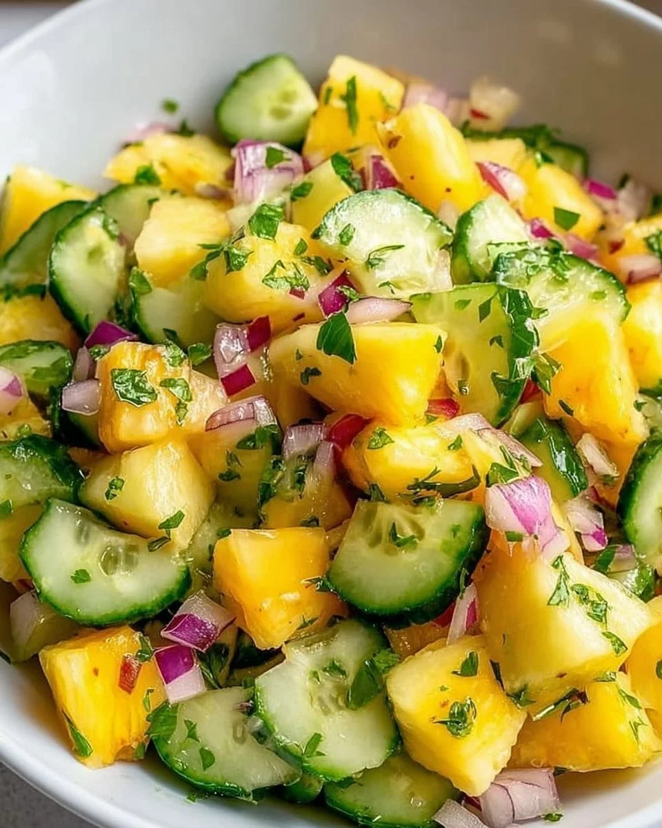 A vibrant pineapple cucumber salad with fresh ingredients in a bowl.