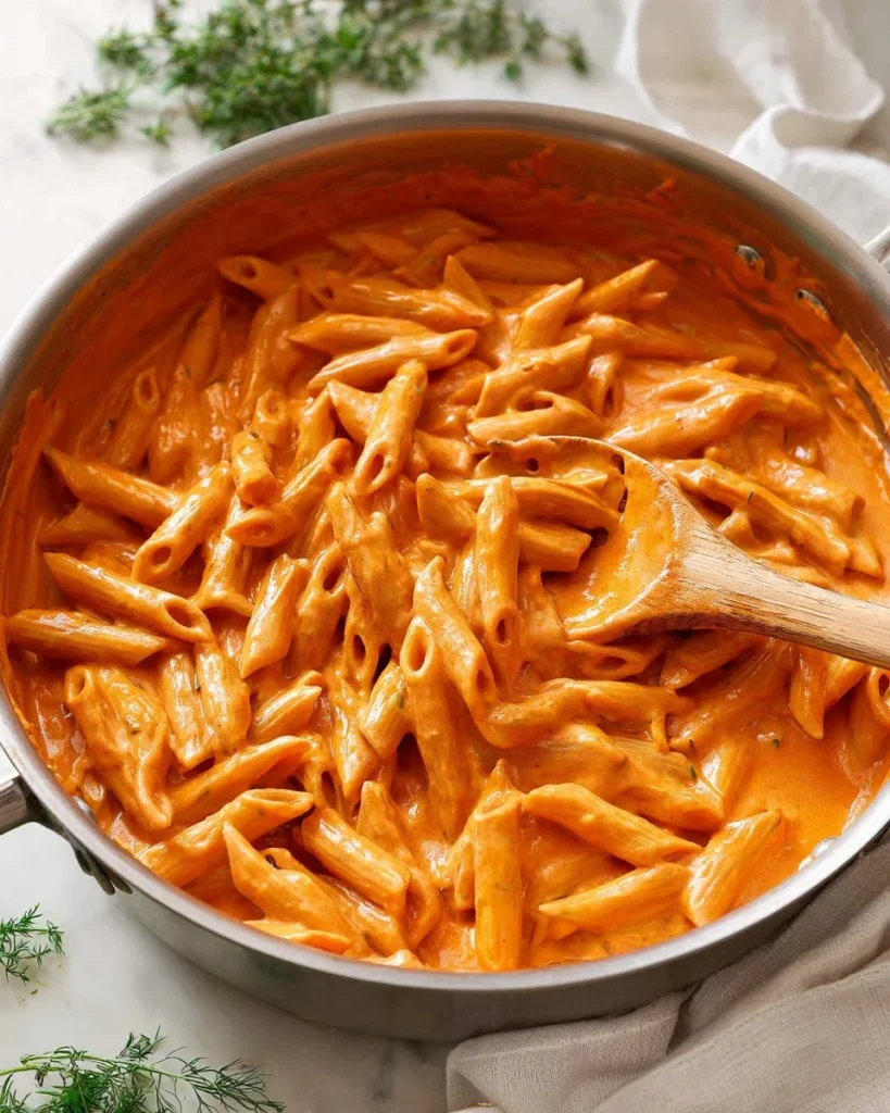 A delicious bowl of Pink Sauce Pasta topped with fresh basil and Parmesan cheese.