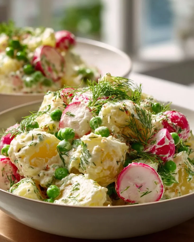 Delicious potato salad with radishes on a serving plate