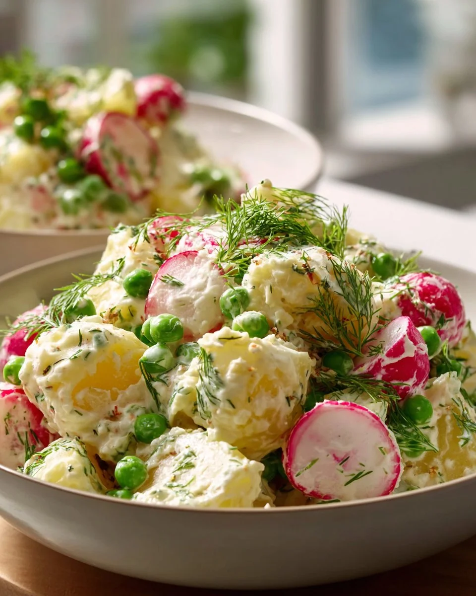 Delicious potato salad with radishes on a serving plate