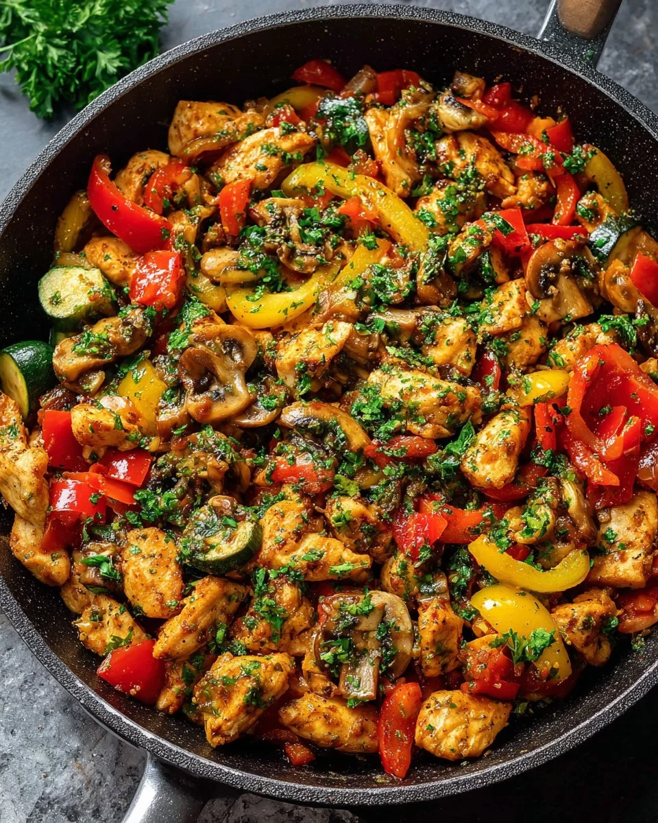 Delicious quick and healthy chicken skillet meal served in a pan
