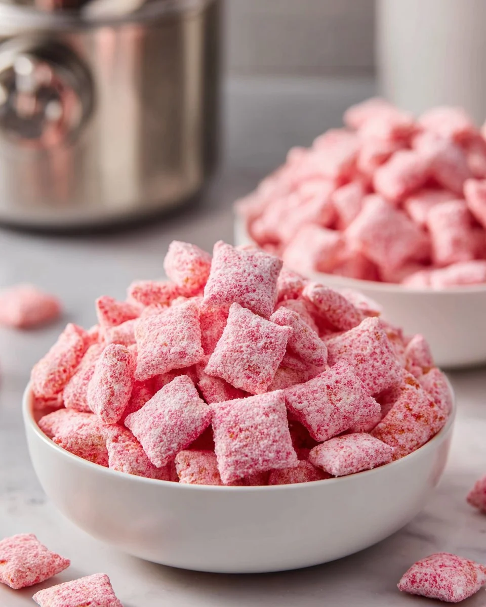 Quick Strawberry Shortcake Puppy Chow made with key ingredients and fresh strawberries