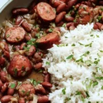 Bowl of red beans and rice with spices and herbs garnished on top