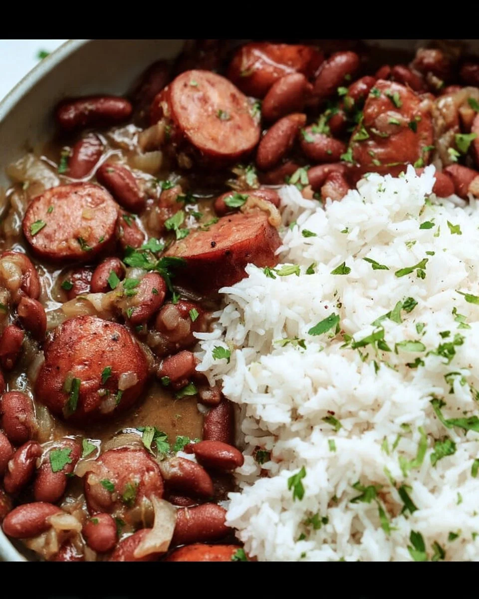 Bowl of red beans and rice with spices and herbs garnished on top