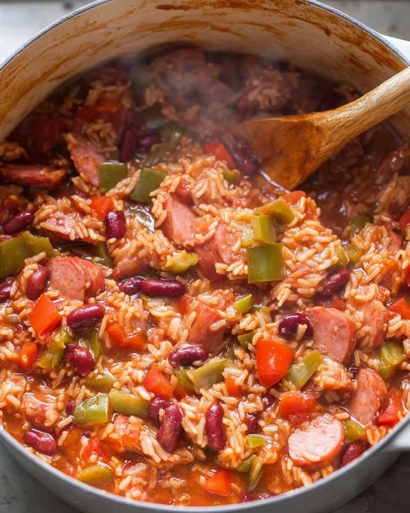 Delicious bowl of red beans and rice prepared with spices and vegetables