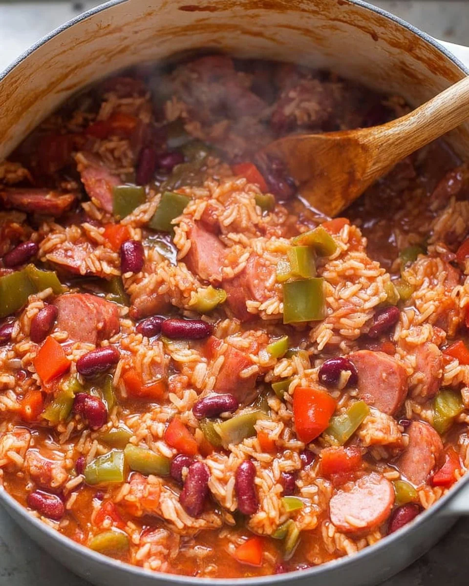 Delicious bowl of red beans and rice prepared with spices and vegetables