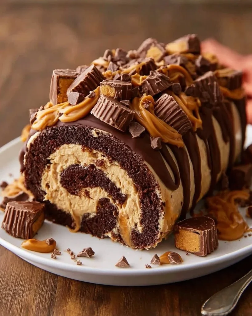 Delicious Reese's Peanut Butter Cup Roll Cake with creamy chocolate and peanut butter layers