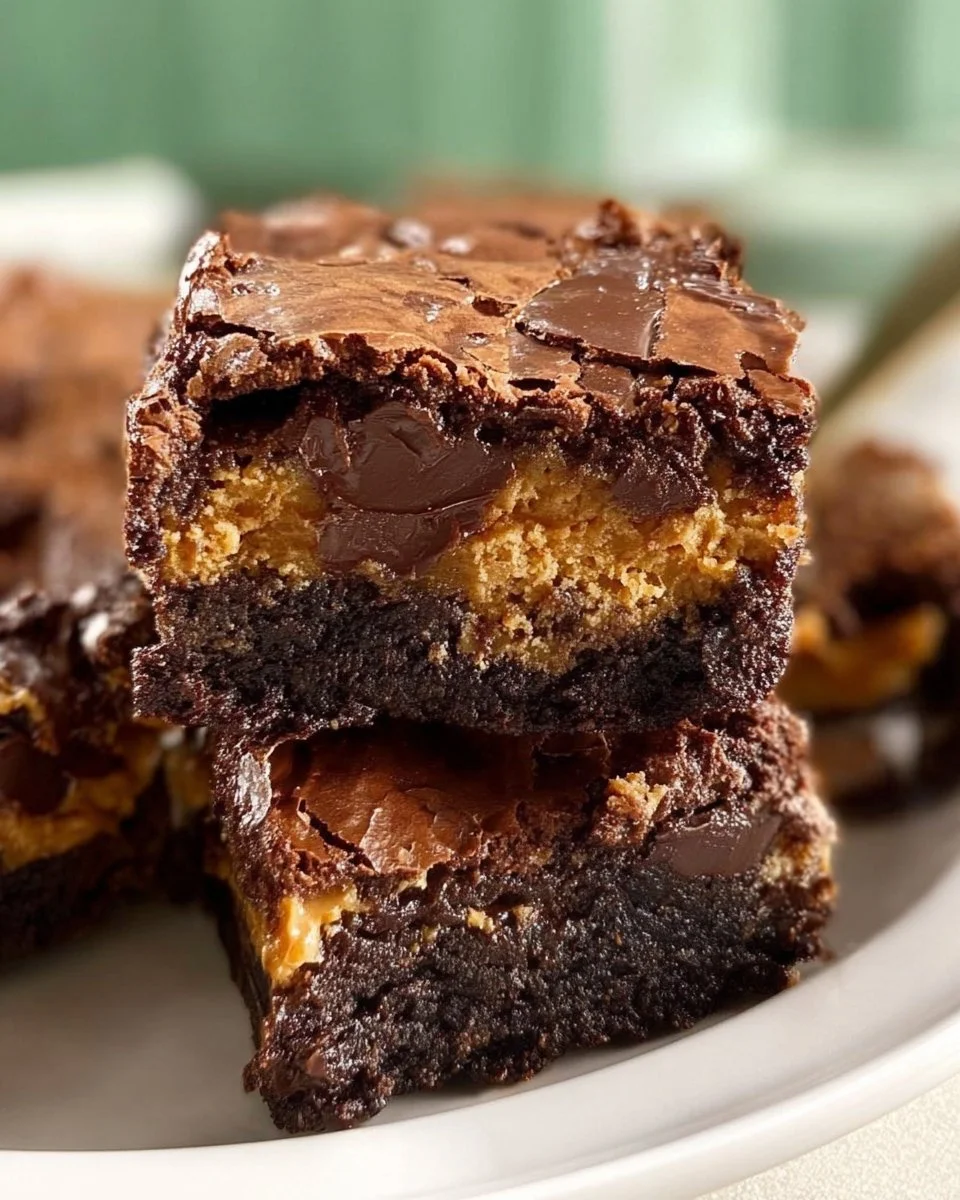 Delicious Reese's Peanut Butter Cup stuffed brookie bars on a plate