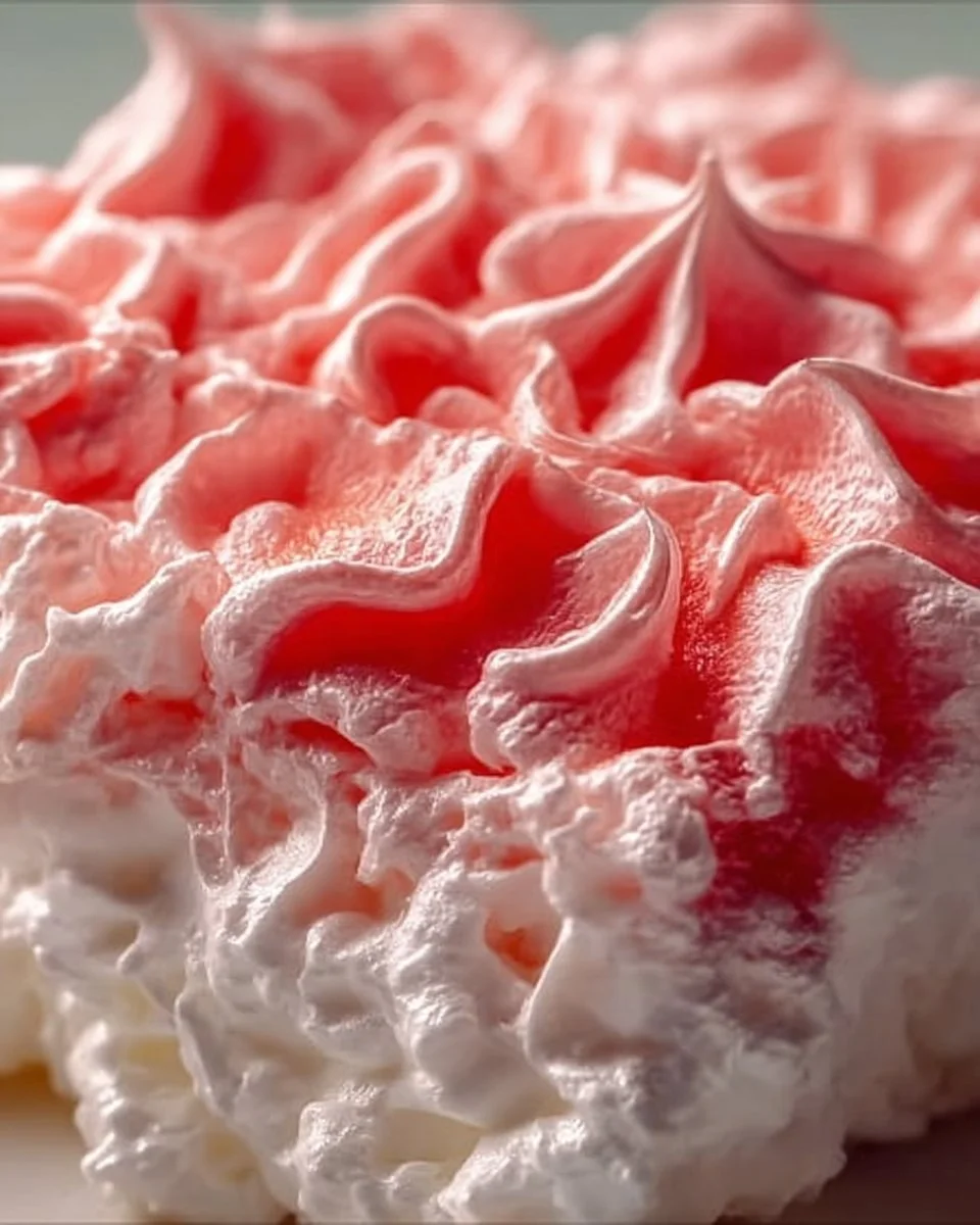 Bowl of creamy Rhubarb Fluff dessert topped with fresh rhubarb