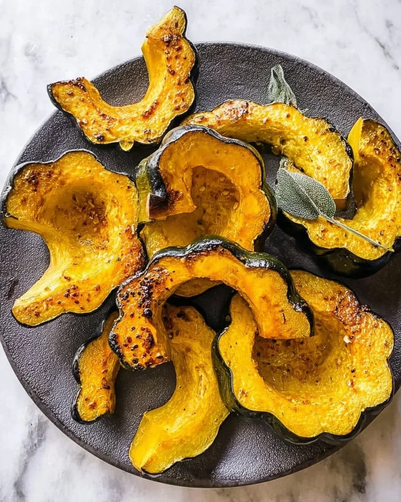 Roasted acorn squash garnished with herbs on a wooden table