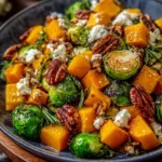 Roasted butternut squash and Brussels sprouts salad in a bowl.