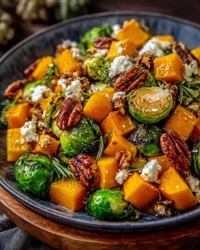 Roasted butternut squash and Brussels sprouts salad in a bowl.