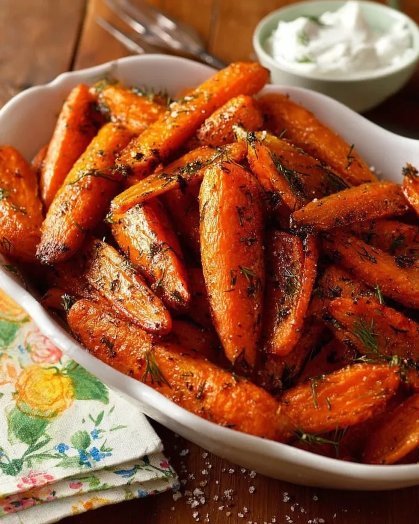 Delicious roasted carrots seasoned with dill, perfect for any meal.