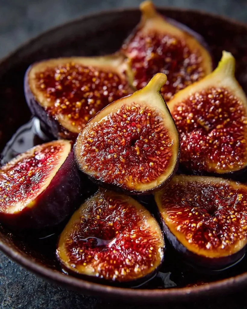 A serving of caramelized roasted figs drizzled with honey and garnished with mint leaves.