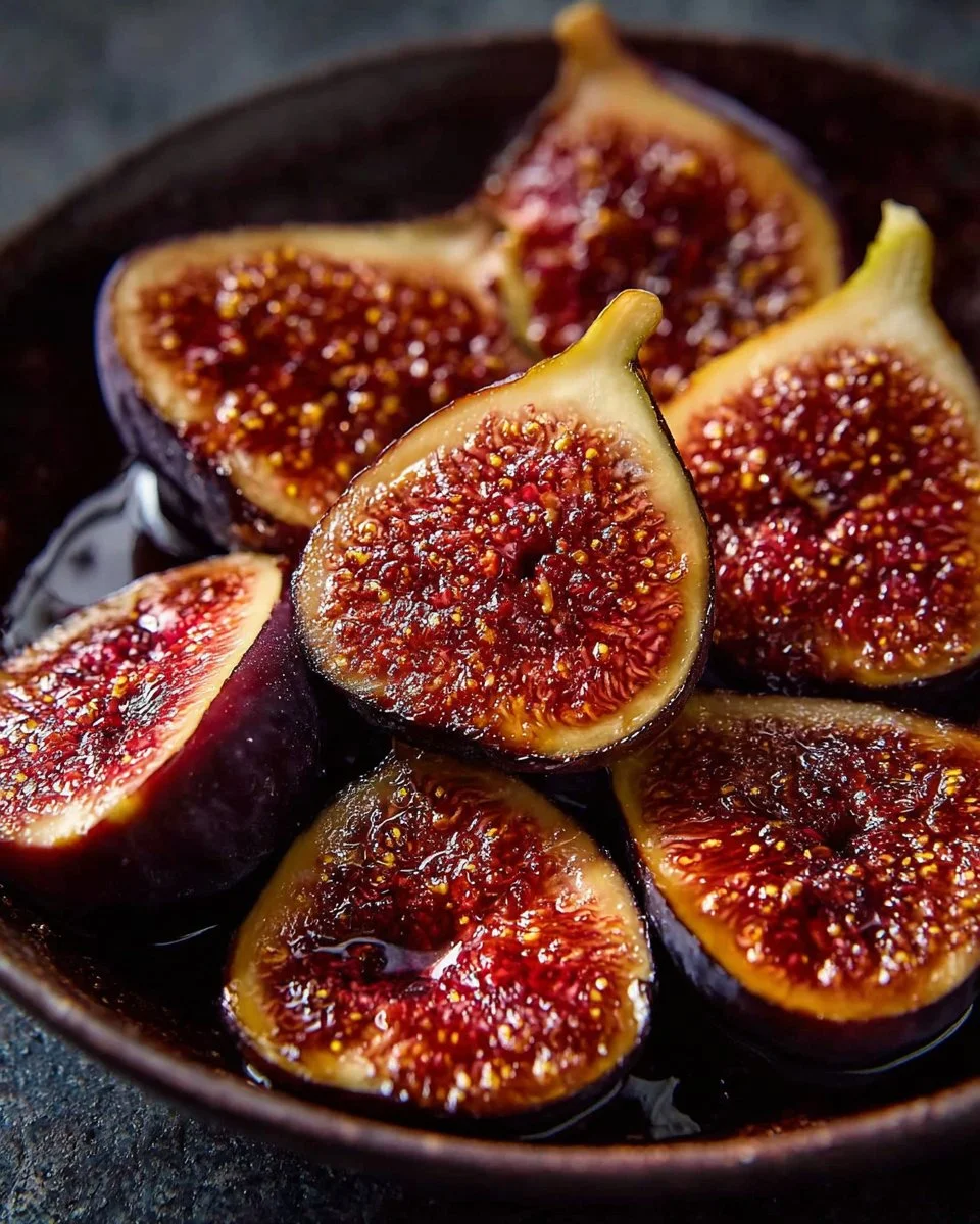 A serving of caramelized roasted figs drizzled with honey and garnished with mint leaves.