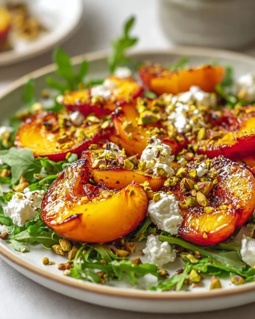 Roasted Peach and Pistachio Salad topped with Honey Ricotta on a plate.