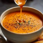 Bowl of creamy roasted red pepper gouda soup garnished with herbs