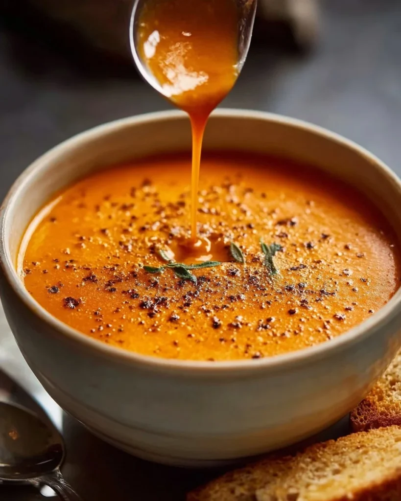 Bowl of creamy roasted red pepper gouda soup garnished with herbs