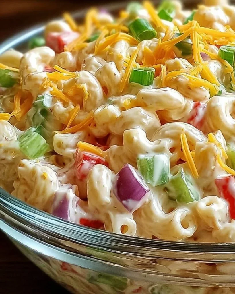 Delicious Rockin' Macaroni Salad served in a bowl with fresh vegetables.