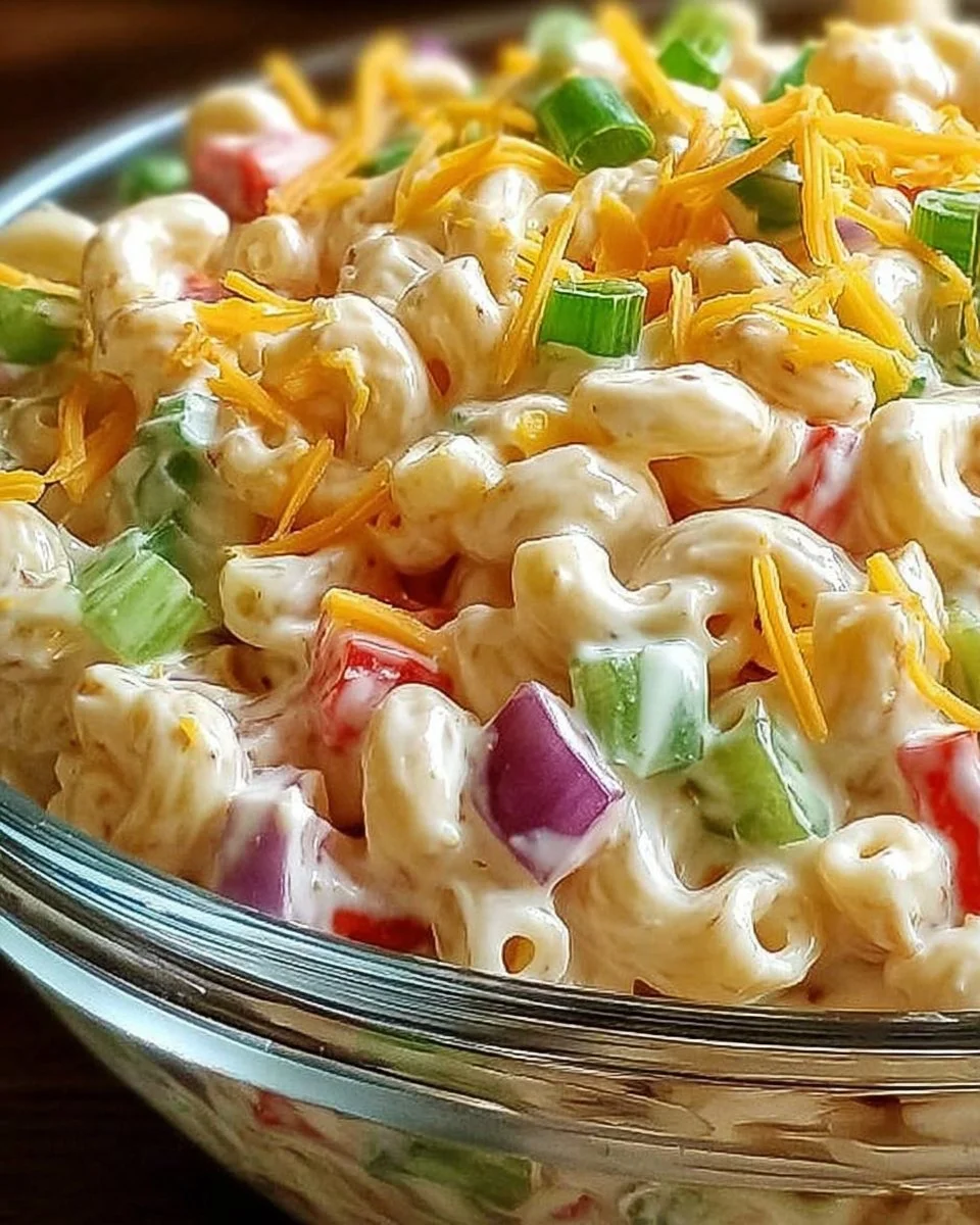 Delicious Rockin' Macaroni Salad served in a bowl with fresh vegetables.